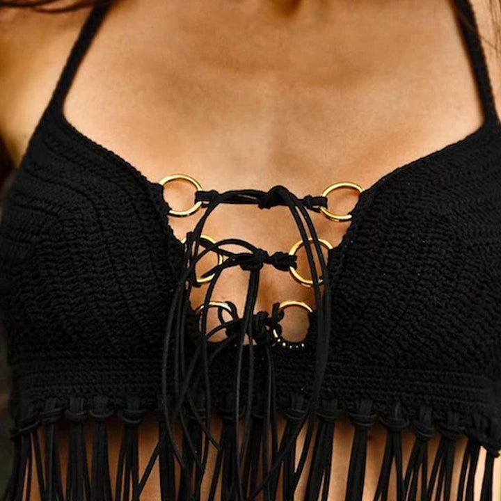 Damen Häkel-Bikini-Oberteil mit Fransen und dekorativen Ringen Echo Archiv