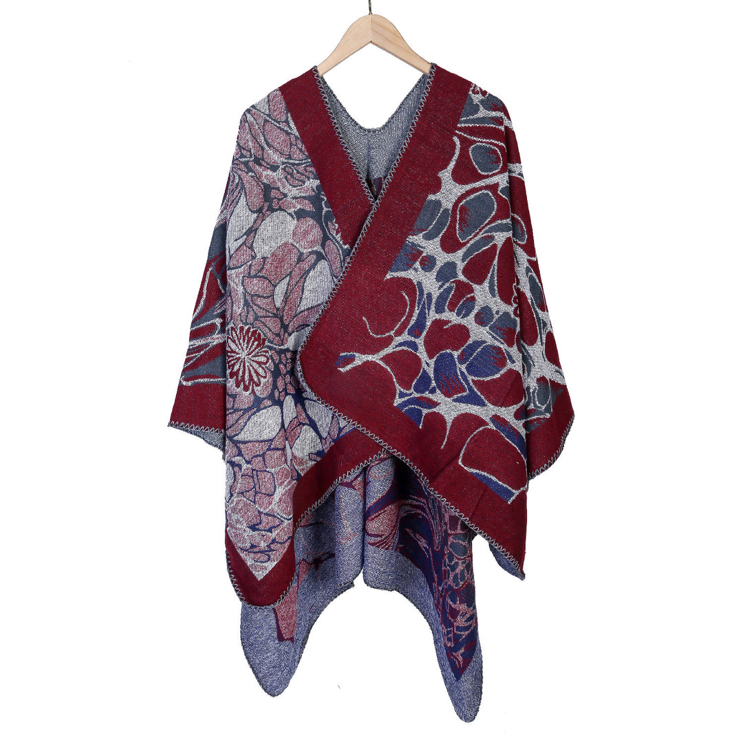 Damen Jacquard-Ruana-Poncho mit kontrastiertem Schalkragen und asymmetrischem Zipfelrand – Célinea