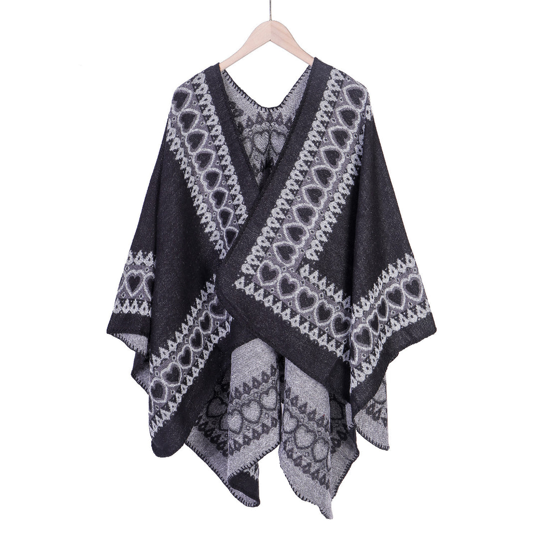 Damen Ruana im Kaschmir‑Touch mit Herz‑Jacquard und offenem V‑Fall Echo Archiv