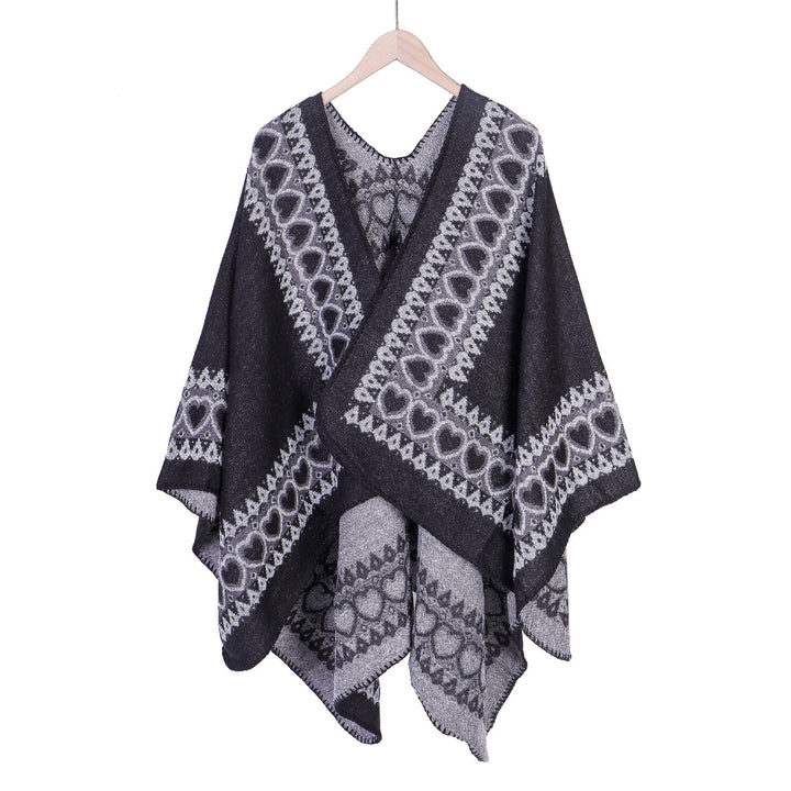Damen Ruana im Kaschmir‑Touch mit Herz‑Jacquard und offenem V‑Fall Echo Archiv