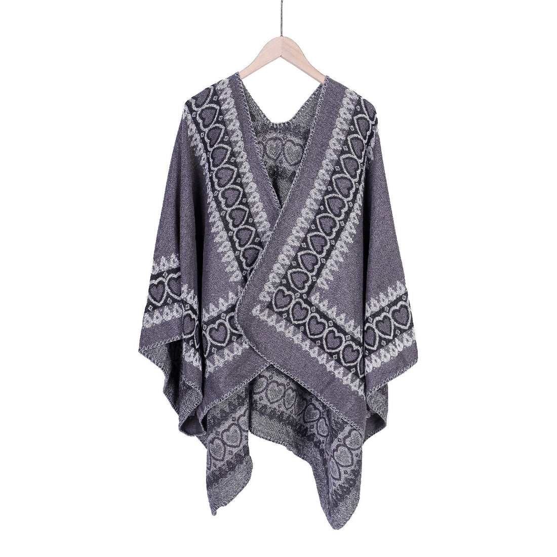 Damen Ruana im Kaschmir‑Touch mit Herz‑Jacquard und offenem V‑Fall – Veloura
