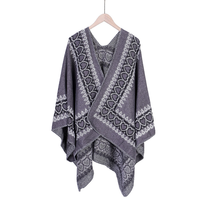 Damen Ruana im Kaschmir‑Touch mit Herz‑Jacquard und offenem V‑Fall Echo Archiv
