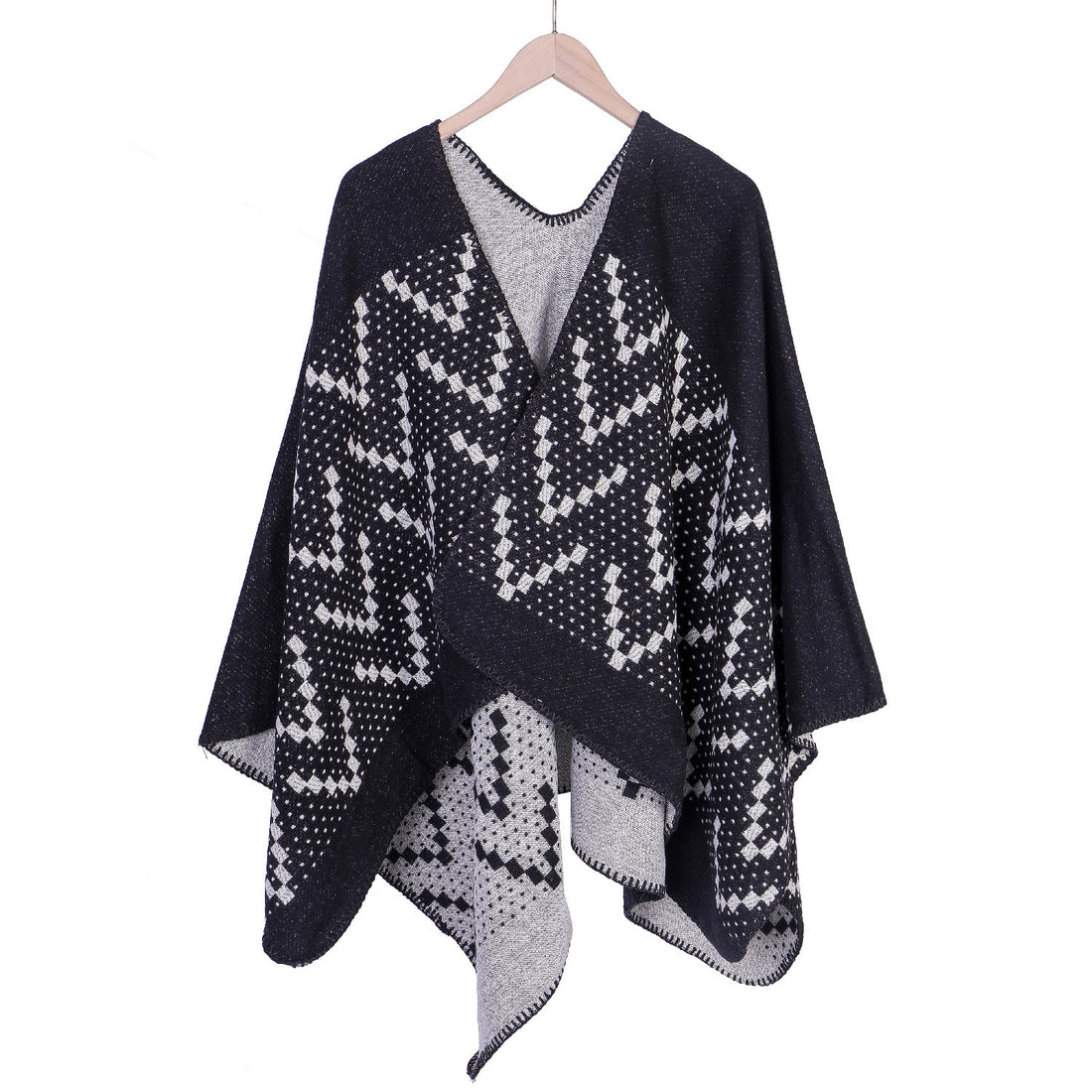 Damen Jacquard-Wickelruana mit geometrischem Muster und offener Kimono‑Silhouette – Avérine