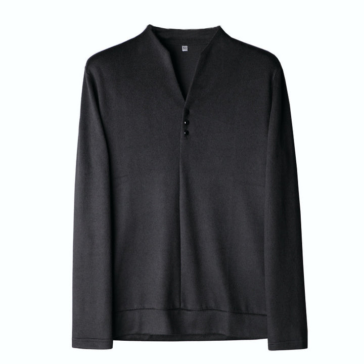 Herren Leichtes Feinstrick-Longsleeve mit verdeckter Knopfleiste und Stehkragen Echoarchiv