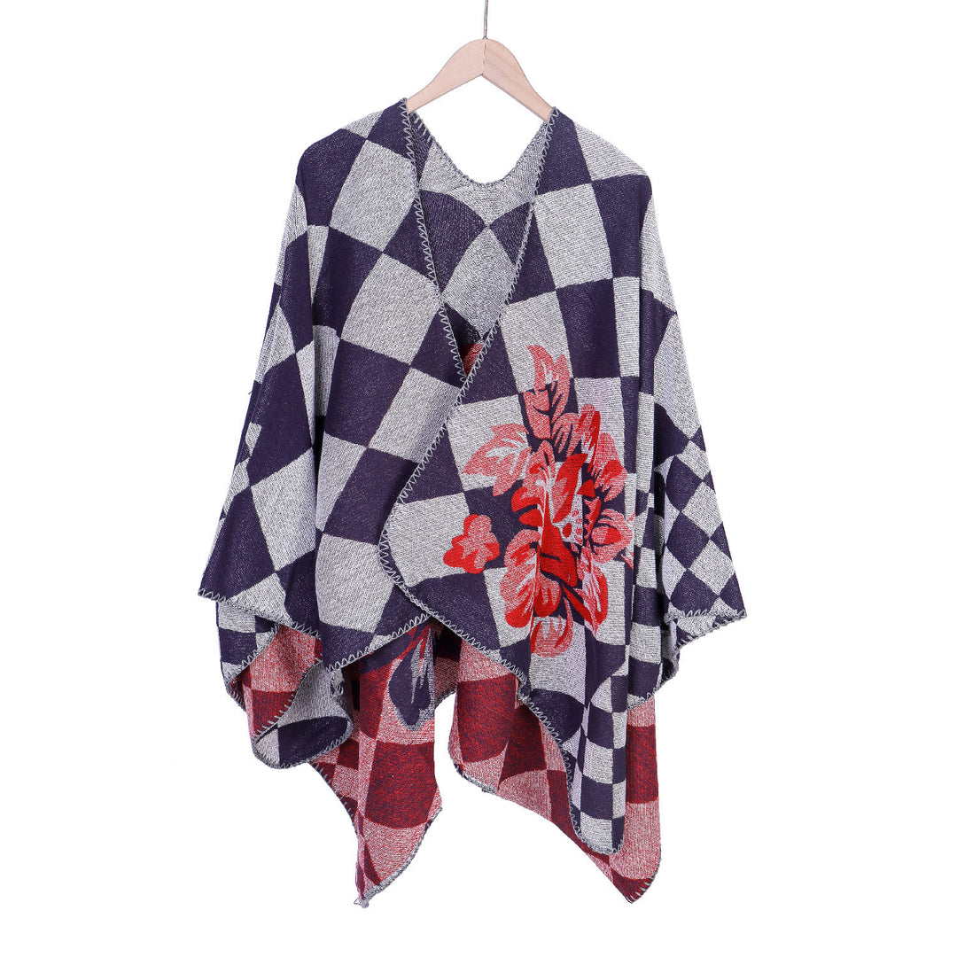 Damen Oversize-Ruana im Jacquard mit Karomuster und floralem Allover Echo Archiv