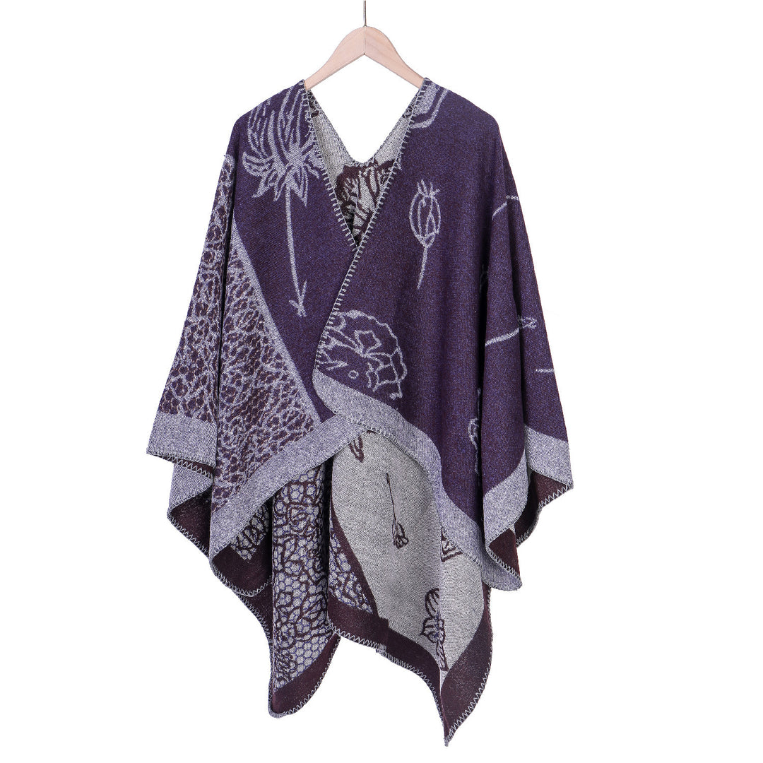 Damen Jacquard-Ruana-Poncho mit V-Ausschnitt und großen floralen & ethnischen Motiven – Montévia