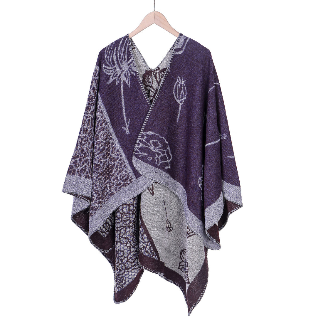 Damen Jacquard-Ruana-Poncho mit V-Ausschnitt und großen floralen & ethnischen Motiven – Montévia