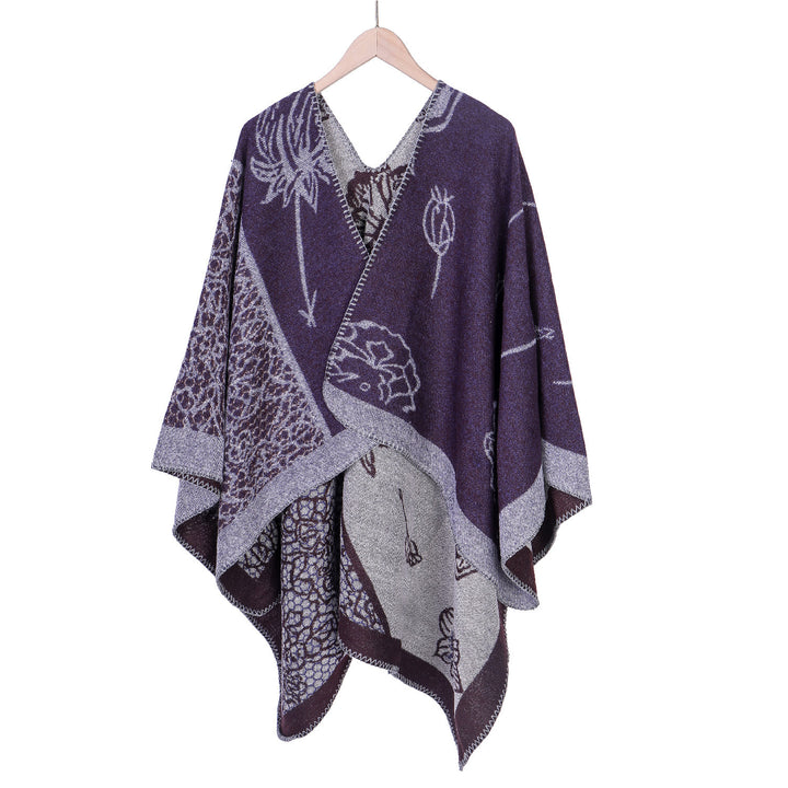 Damen Jacquard-Ruana-Poncho mit V-Ausschnitt und großen floralen & ethnischen Motiven – Montévia
