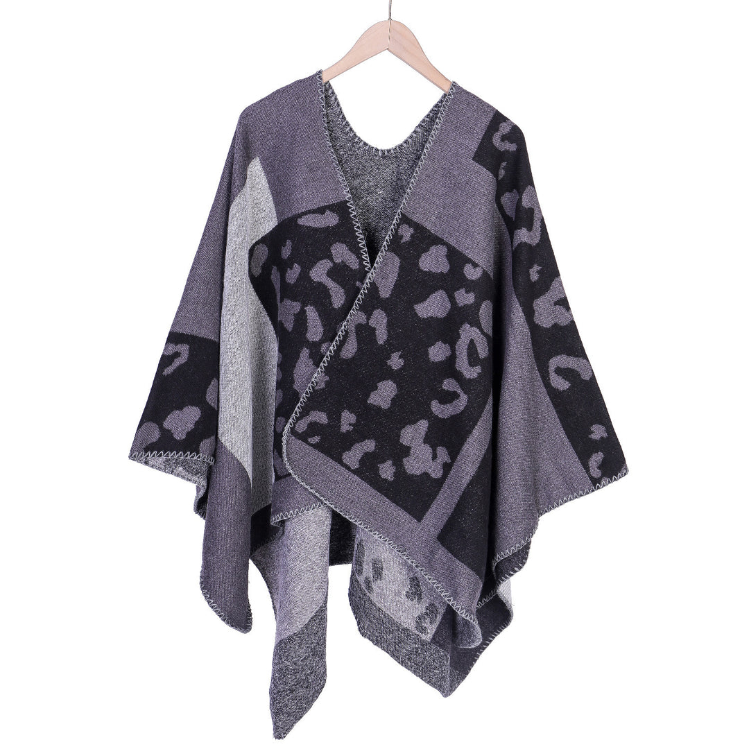 Damen Oversize-Ruana-Poncho aus Wollmix mit Jacquard-Leopardenmuster und offener Vorderseite – Célinea