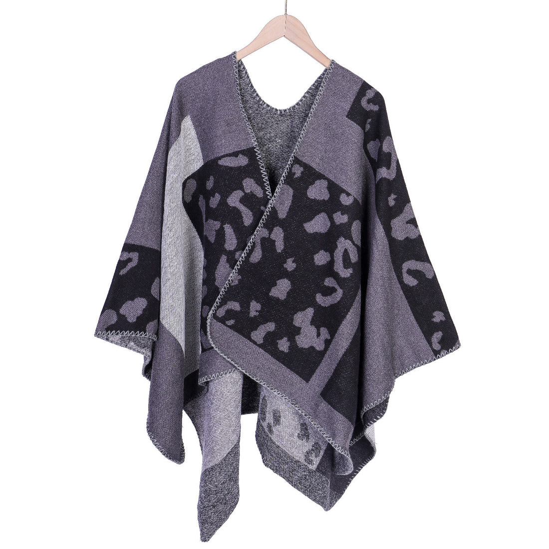Damen Oversize-Ruana-Poncho aus Wollmix mit Jacquard-Leopardenmuster und offener Vorderseite – Célinea