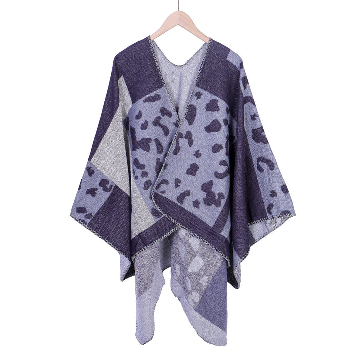 Damen Oversize-Ruana-Poncho aus Wollmix mit Jacquard-Leopardenmuster und offener Vorderseite – Célinea