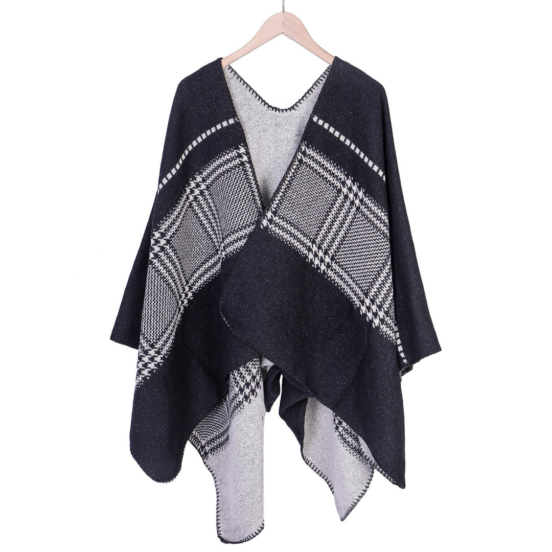Damen Jacquard-Wollmix-Ruana mit offenem Kimono-Fall und dekorativer Kettelnaht – Montévia