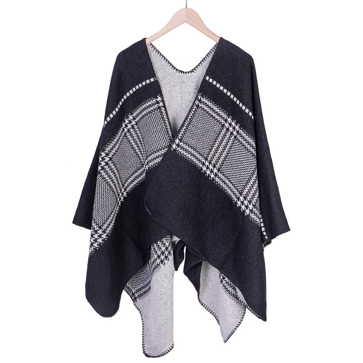 Damen Jacquard-Wollmix-Ruana mit offenem Kimono-Fall und dekorativer Kettelnaht – Montévia