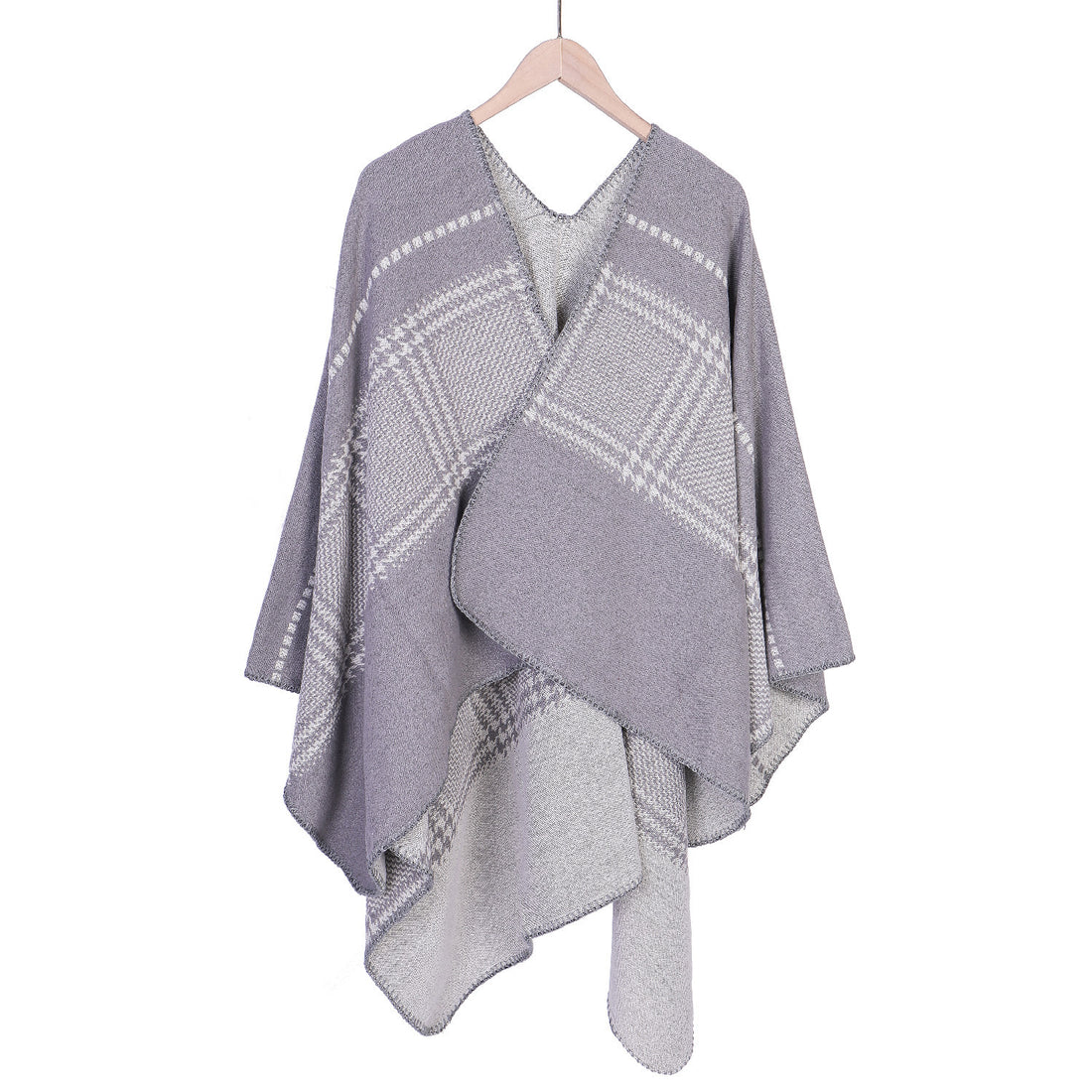 Damen Jacquard-Wollmix-Ruana mit offenem Kimono-Fall und dekorativer Kettelnaht – Montévia