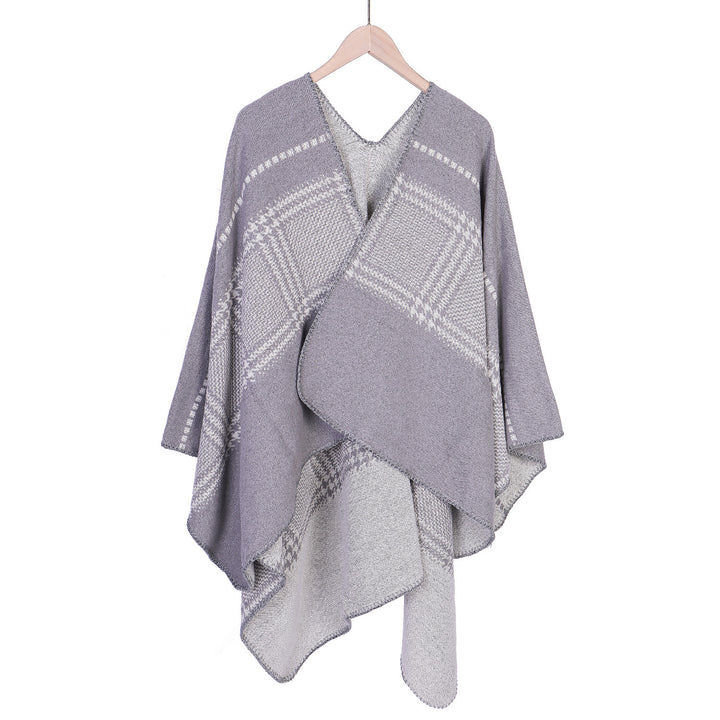 Damen Jacquard-Wollmix-Ruana mit offenem Kimono-Fall und dekorativer Kettelnaht – Montévia