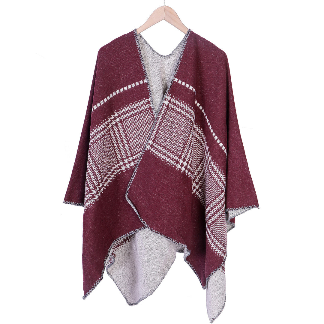Damen Jacquard-Wollmix-Ruana mit offenem Kimono-Fall und dekorativer Kettelnaht – Montévia