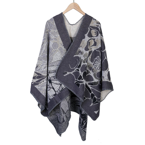 Damen Jacquard-Ruana-Poncho mit kontrastiertem Schalkragen und asymmetrischem Zipfelrand – Célinea