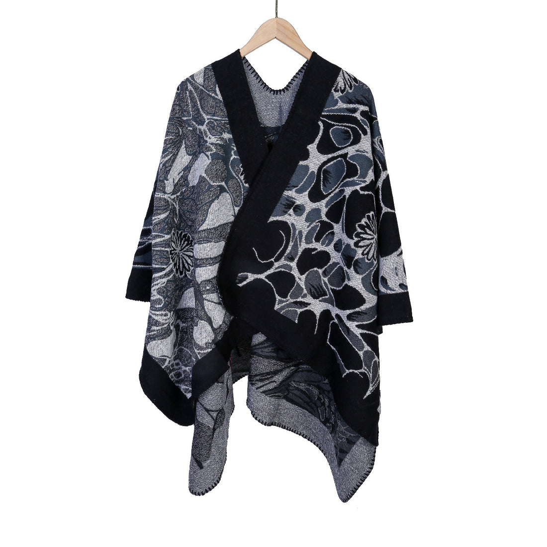 Damen Jacquard-Ruana-Poncho mit kontrastiertem Schalkragen und asymmetrischem Zipfelrand – Célinea