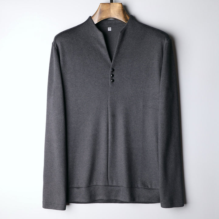 Herren Leichtes Feinstrick-Longsleeve mit verdeckter Knopfleiste und Stehkragen Echoarchiv