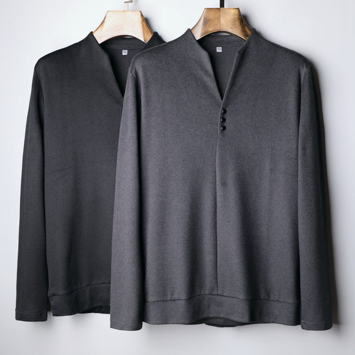Herren Leichtes Feinstrick-Longsleeve mit verdeckter Knopfleiste und Stehkragen Echoarchiv