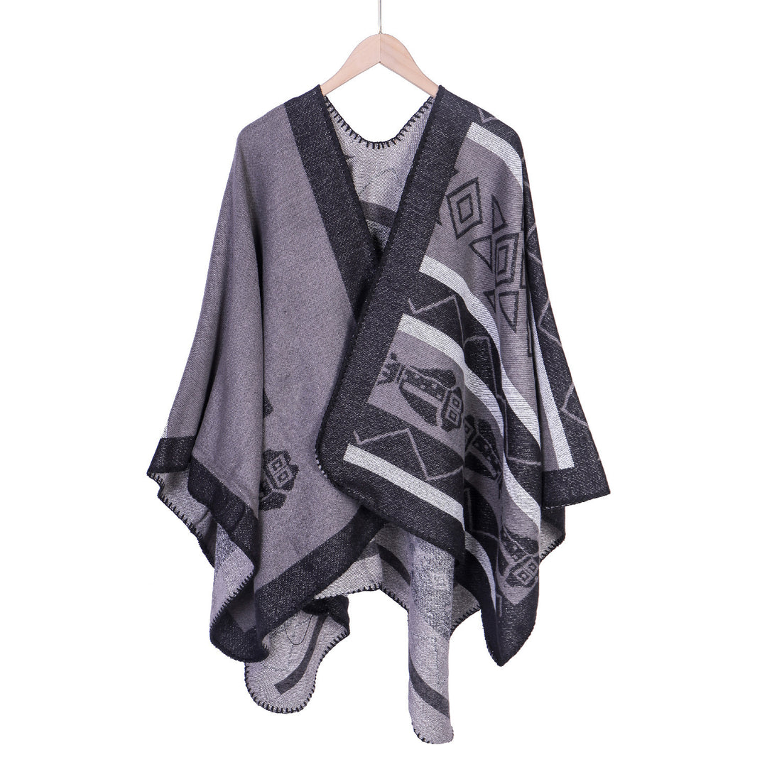 Damen Leichter Ruana-Überwurf mit geometrischem Jacquard und Zipfelsaum – Avérine