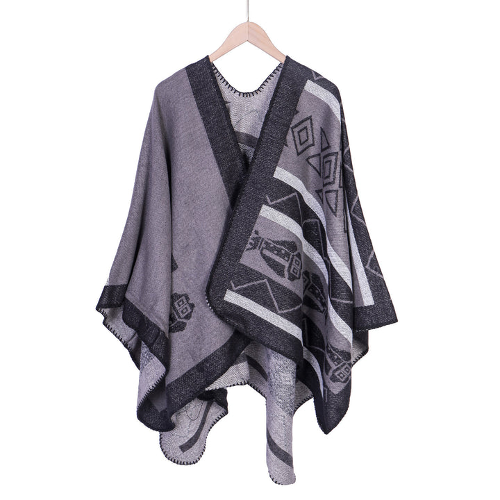 Damen Leichter Ruana-Überwurf mit geometrischem Jacquard und Zipfelsaum – Avérine