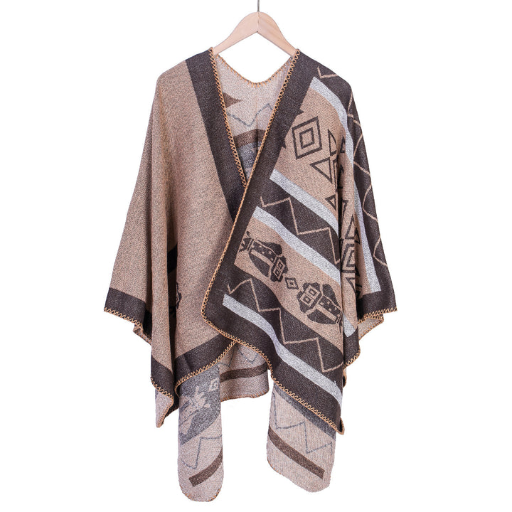 Damen Leichter Ruana-Überwurf mit geometrischem Jacquard und Zipfelsaum – Avérine