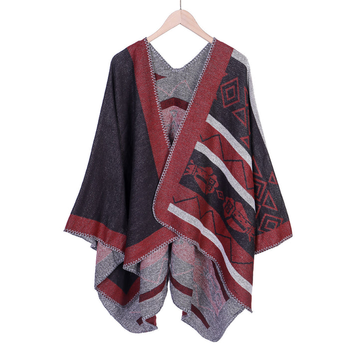 Damen Leichter Ruana-Überwurf mit geometrischem Jacquard und Zipfelsaum – Avérine