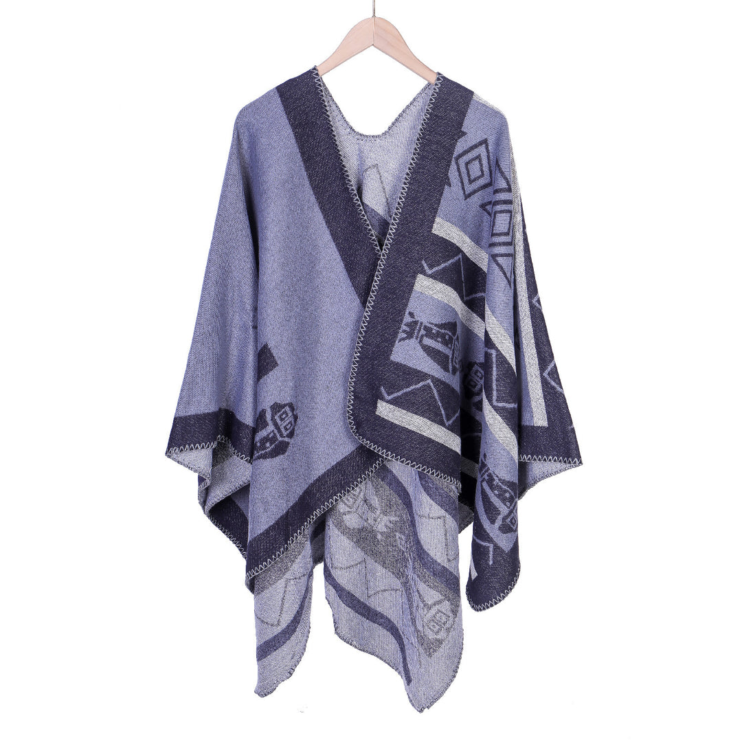Damen Leichter Ruana-Überwurf mit geometrischem Jacquard und Zipfelsaum – Avérine