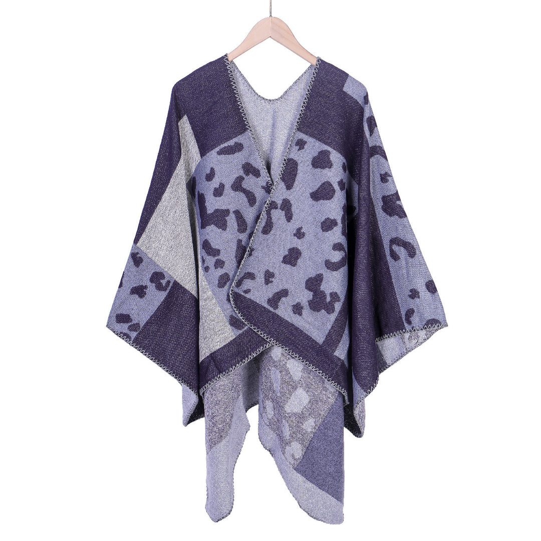Damen Oversize-Ruana-Poncho aus Wollmix mit Jacquard-Leopardenmuster und offener Vorderseite – Célinea