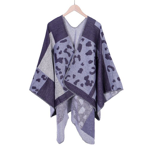 Damen Oversize-Ruana-Poncho aus Wollmix mit Jacquard-Leopardenmuster und offener Vorderseite – Célinea
