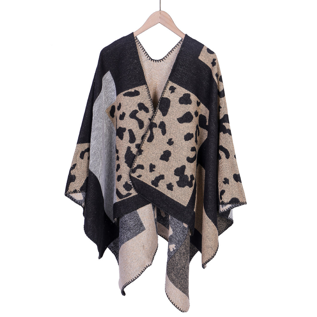 Damen Oversize-Ruana-Poncho aus Wollmix mit Jacquard-Leopardenmuster und offener Vorderseite – Célinea