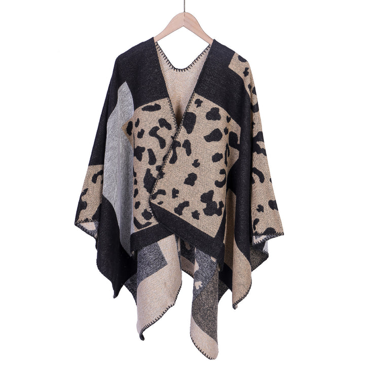 Damen Oversize-Ruana-Poncho aus Wollmix mit Jacquard-Leopardenmuster und offener Vorderseite – Célinea