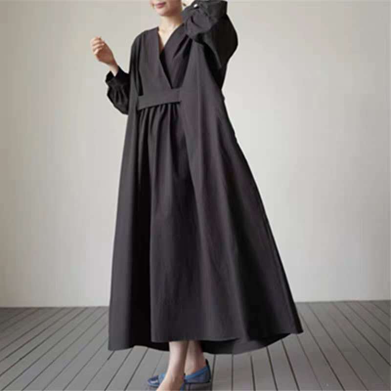 Damen Voluminöses Midaxi‑Kleid mit tiefem V‑Ausschnitt, verstärkter Taillenpasse und Glockenrock – Élara