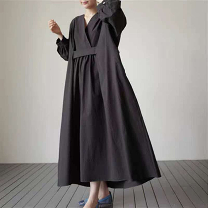 Damen Voluminöses Midaxi‑Kleid mit tiefem V‑Ausschnitt, verstärkter Taillenpasse und Glockenrock – Élara