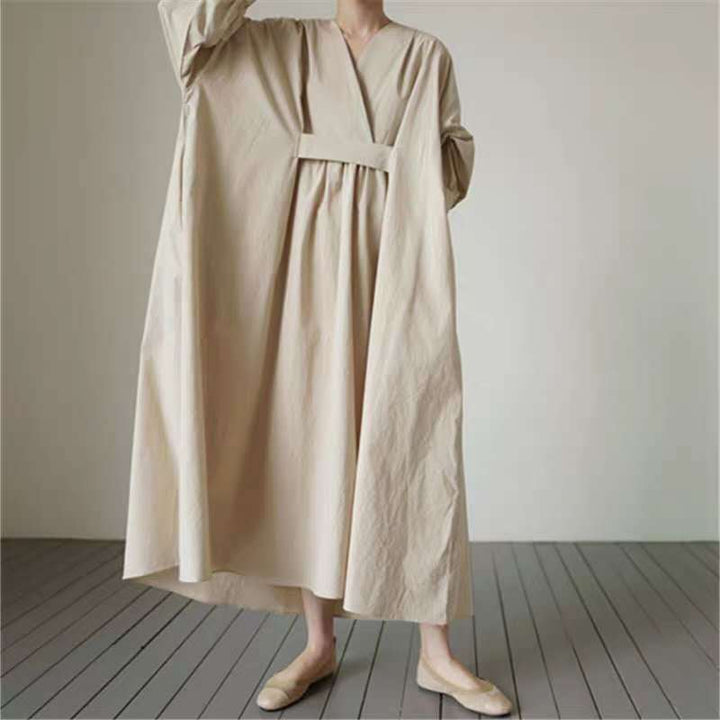 Damen Voluminöses Midaxi‑Kleid mit tiefem V‑Ausschnitt, verstärkter Taillenpasse und Glockenrock – Élara