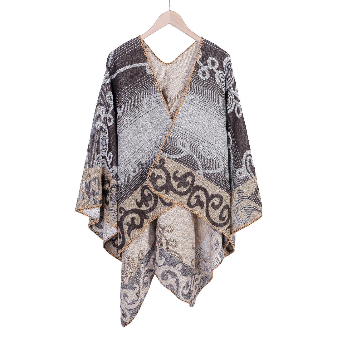 Damen Jacquard‑Ruana‑Poncho aus Wollmix mit asymmetrischem Zipfelsaum – Montévia
