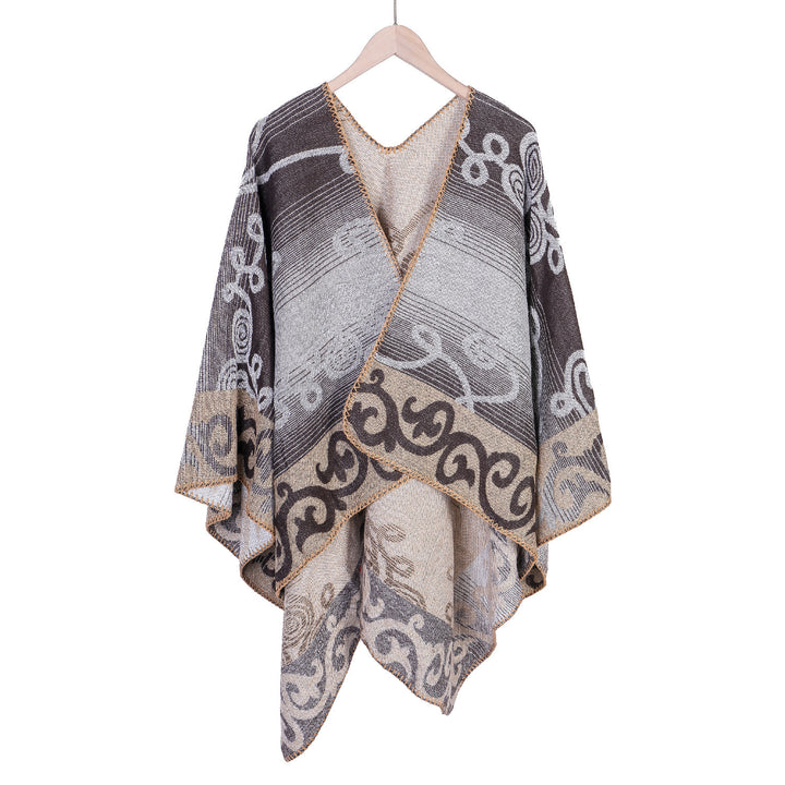 Damen Jacquard‑Ruana‑Poncho aus Wollmix mit asymmetrischem Zipfelsaum – Montévia