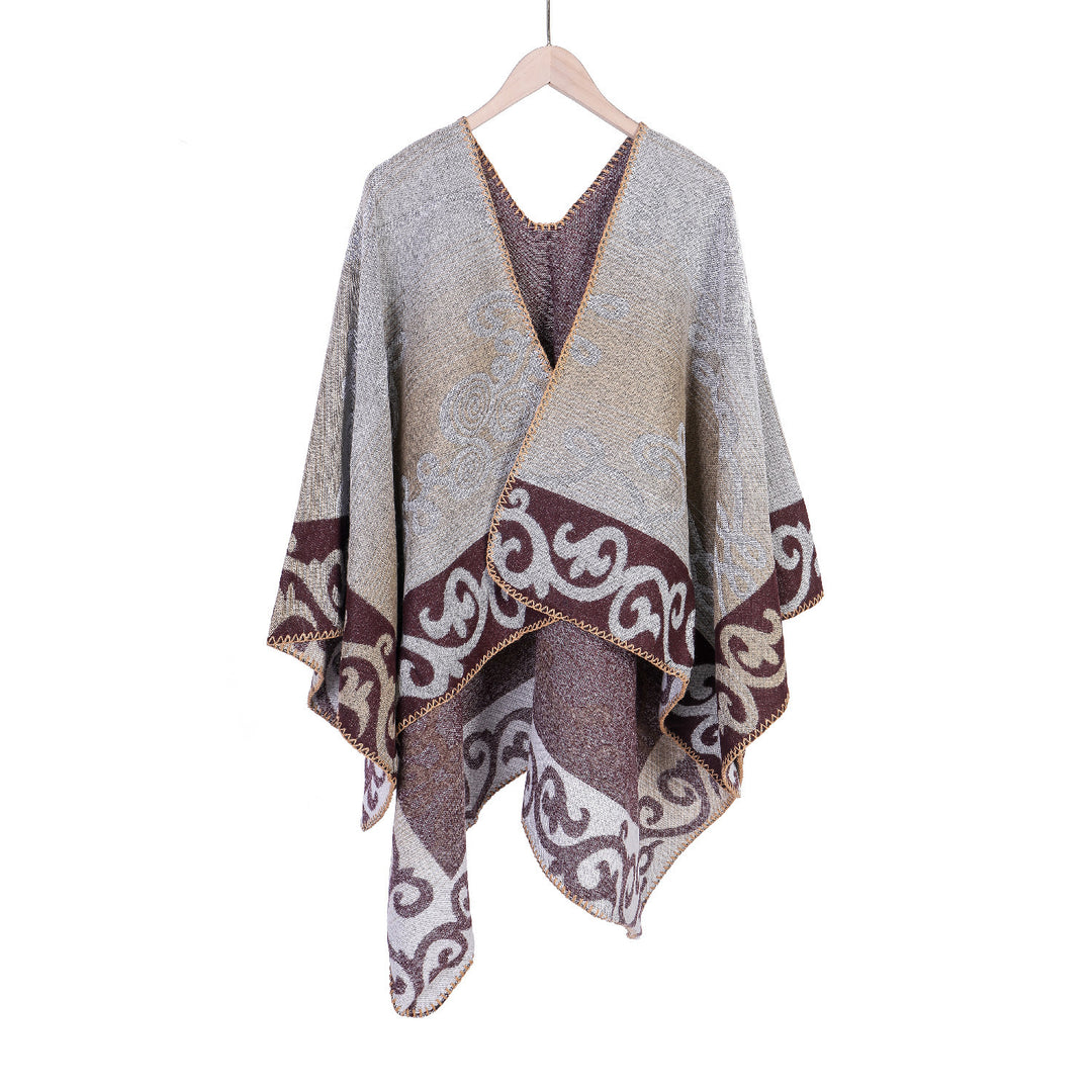 Damen Jacquard‑Ruana‑Poncho aus Wollmix mit asymmetrischem Zipfelsaum – Montévia