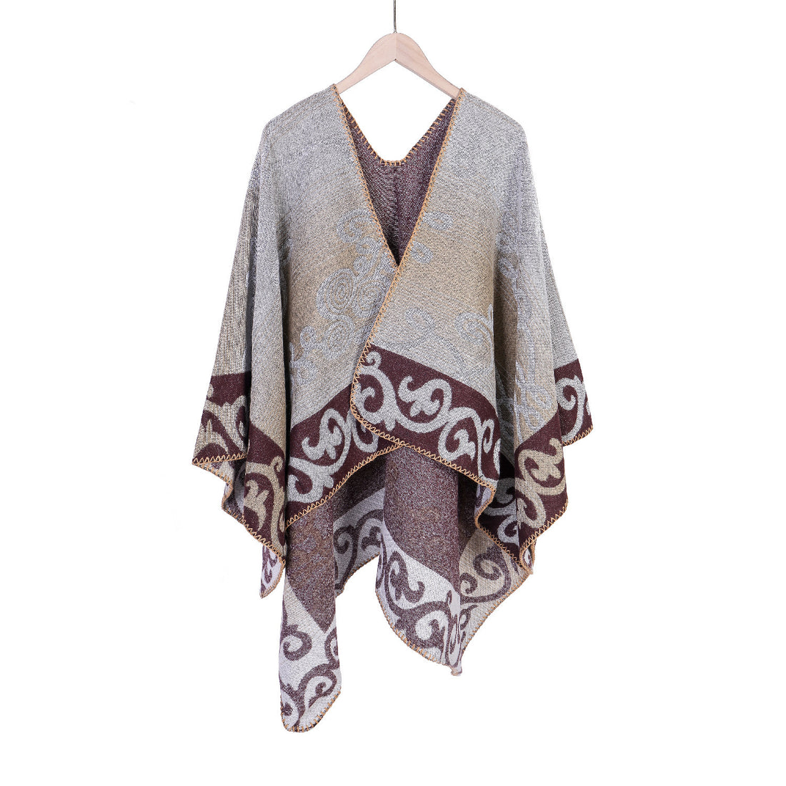 Damen Jacquard‑Ruana‑Poncho aus Wollmix mit asymmetrischem Zipfelsaum – Montévia