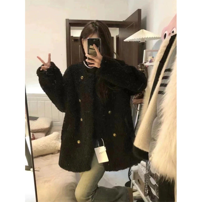 Gefütterte Lammfleece-Jacke für Damen, zweireihig