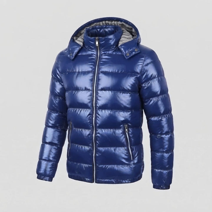 Herren Glänzende Steppjacke mit Kapuze, Gestreiftem Innenfutter & Kontrastreißverschlüssen Echoarchiv