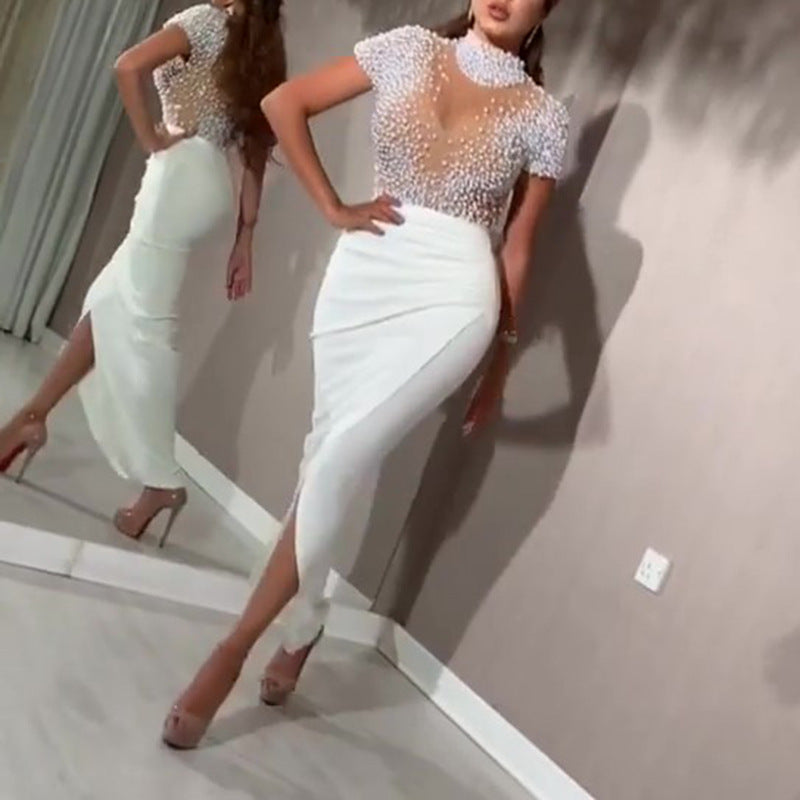 Damen elegantes Maxikleid mit transparentem Oberteil und schimmernden Perlen Echo Archiv