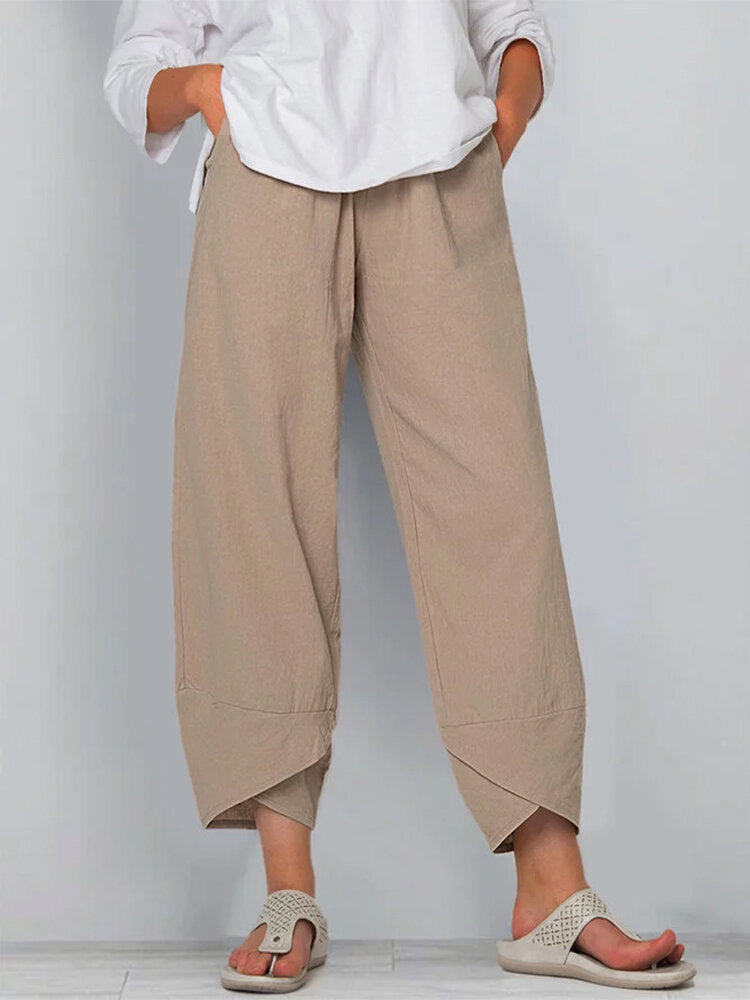Damen nan weit geschnittene Leinenhose mit Tulpen-Saum und elastischem Bund Echo Archiv