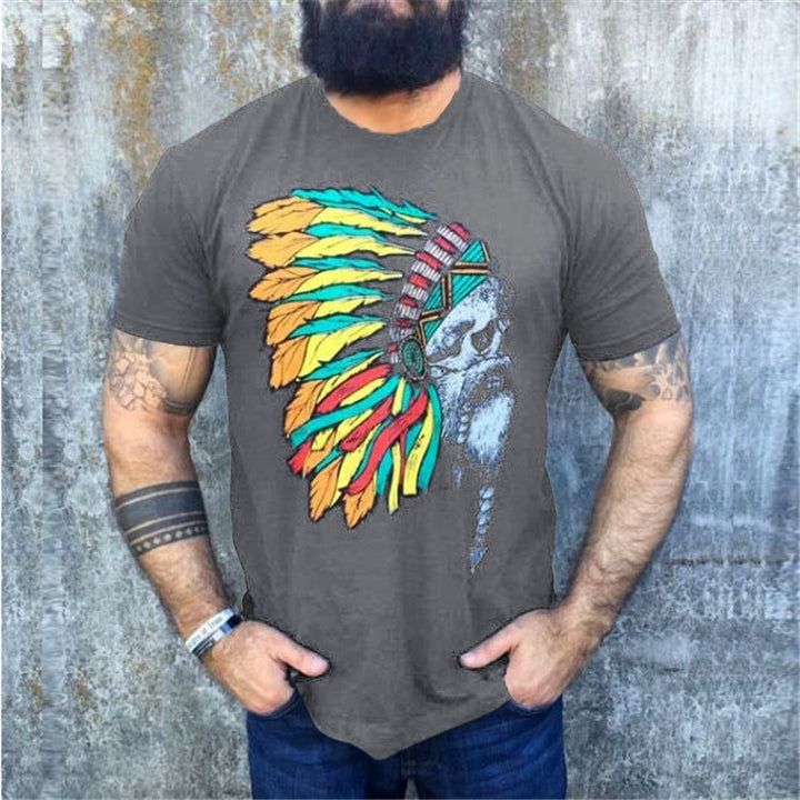 Herren T-Shirt mit auffälligem Totenkopf- und Federschmuck-Print – Orvano