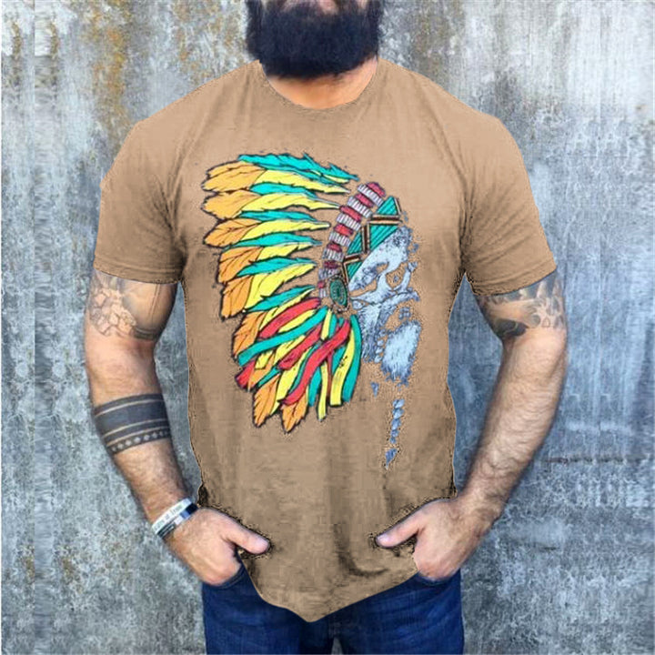 Herren T-Shirt mit auffälligem Totenkopf- und Federschmuck-Print – Orvano