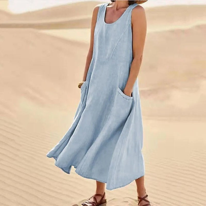 Echoarchiv - Leinen-Baumwoll-Ärmelloses Kleid für Frauen