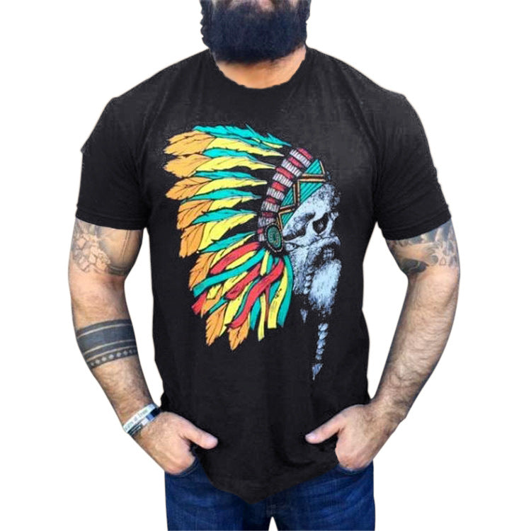 Herren T-Shirt mit auffälligem Totenkopf- und Federschmuck-Print – Orvano