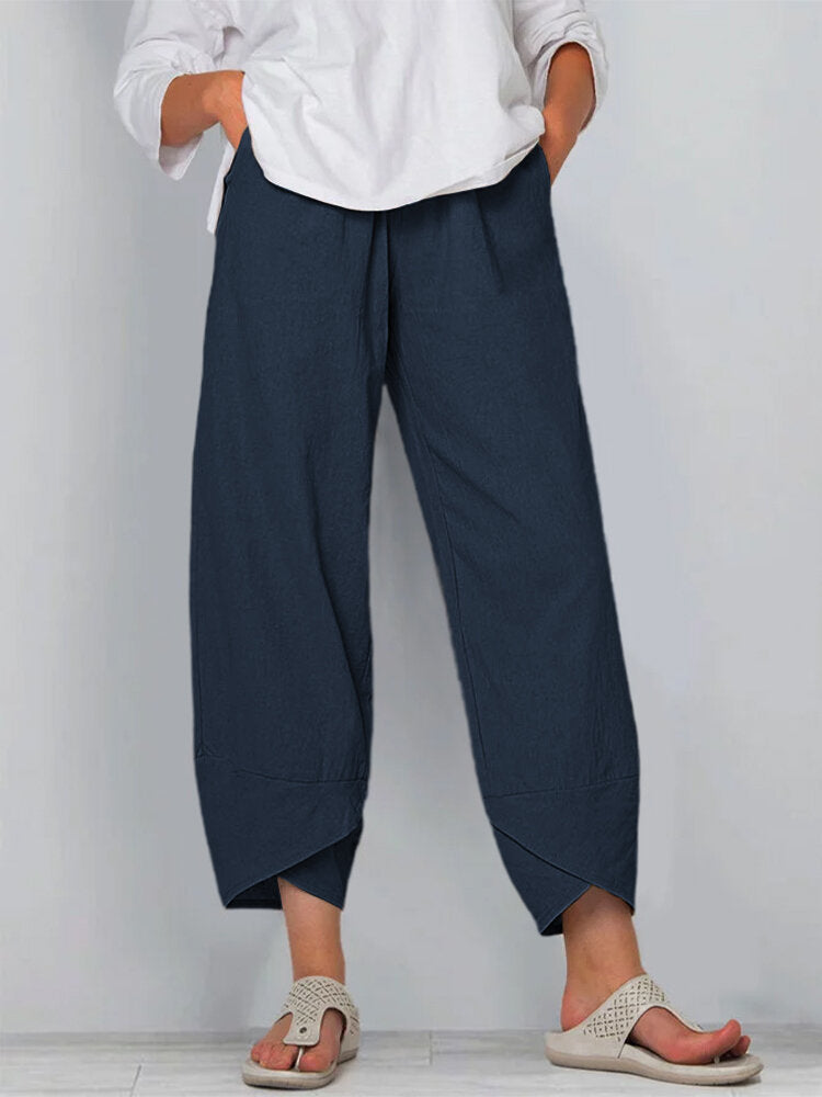 Damen nan weit geschnittene Leinenhose mit Tulpen-Saum und elastischem Bund Echo Archiv