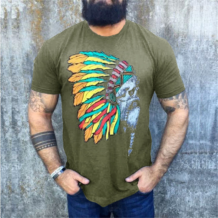 Herren T-Shirt mit auffälligem Totenkopf- und Federschmuck-Print – Orvano